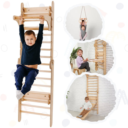 5in1: Wooden Swedish Wall / Climbing ladder for Children + Swing Set + Slide Board + Art Add-on-0